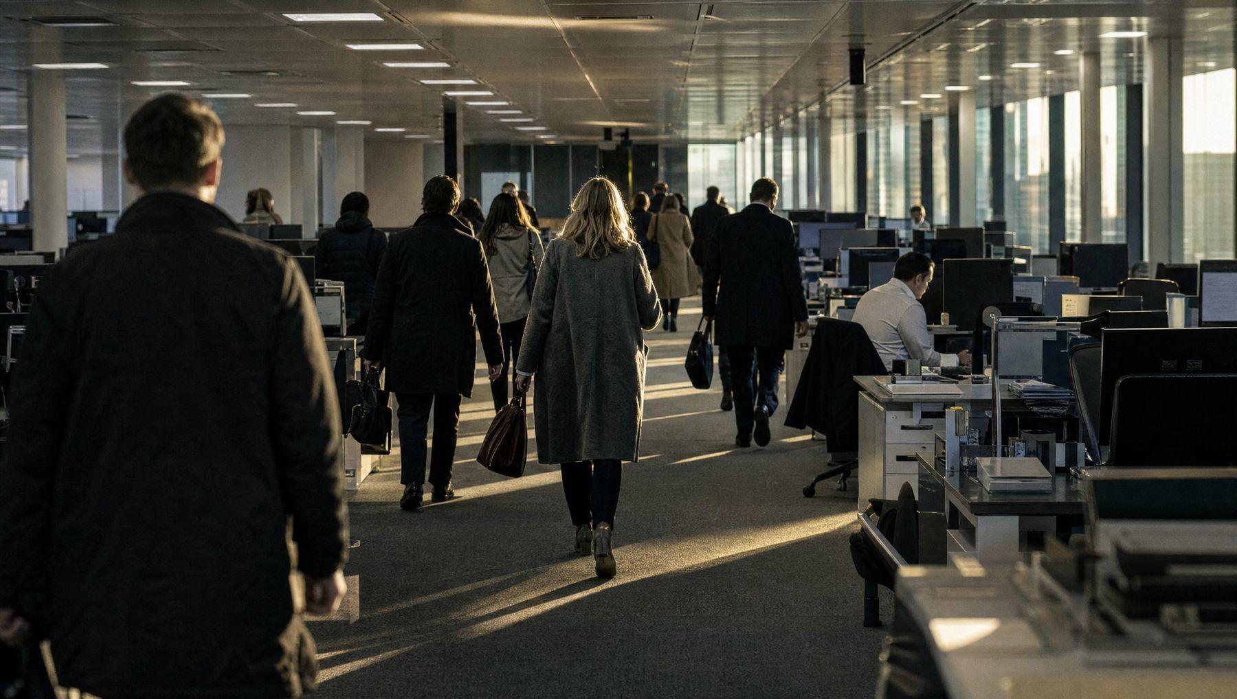 Staff in coats walking out of an open-plan office in low afternoon sun, a few colleagues still at their desks.