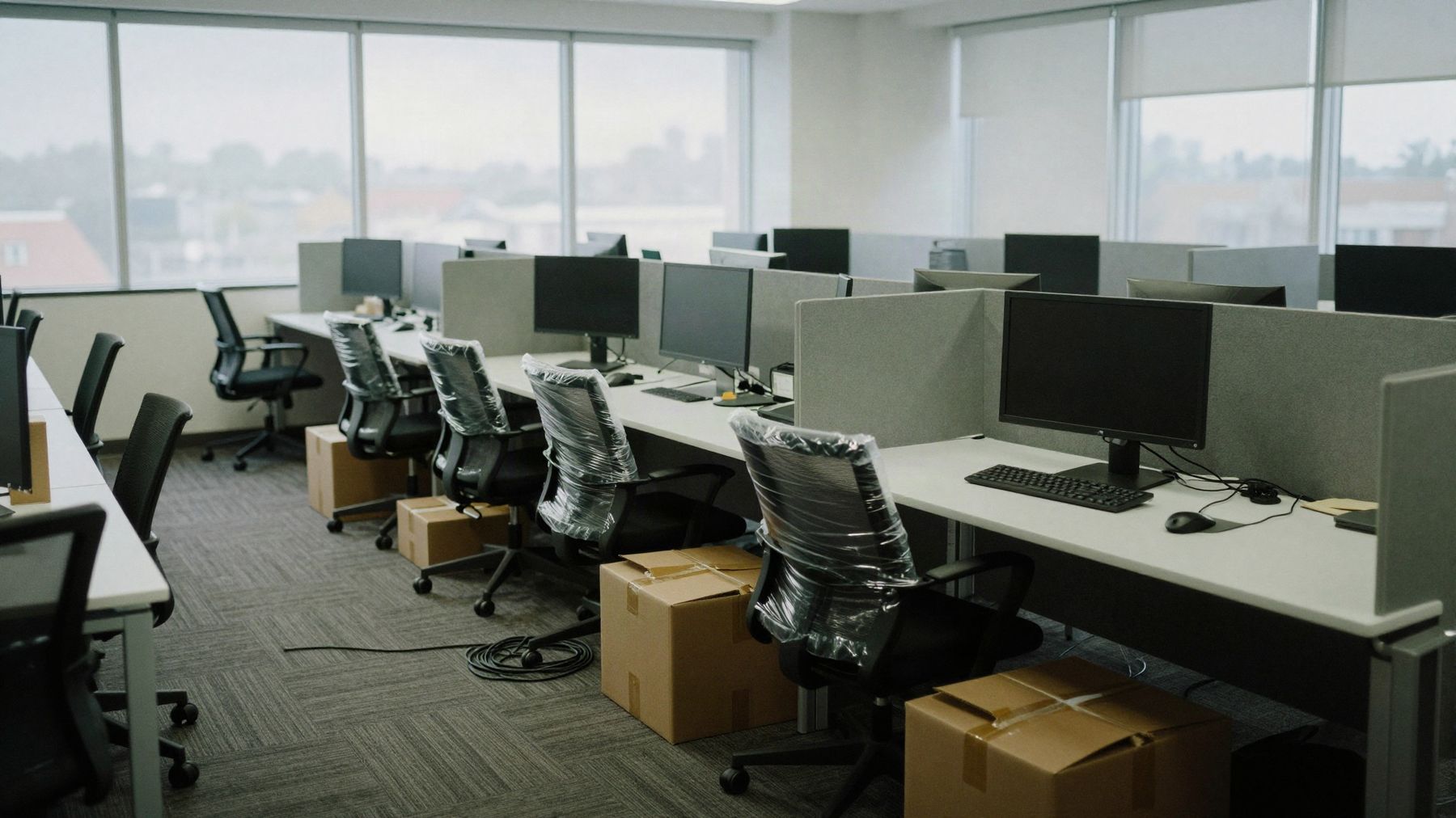 A newly fitted office with chairs still wrapped in plastic and unopened boxes beside the desks.