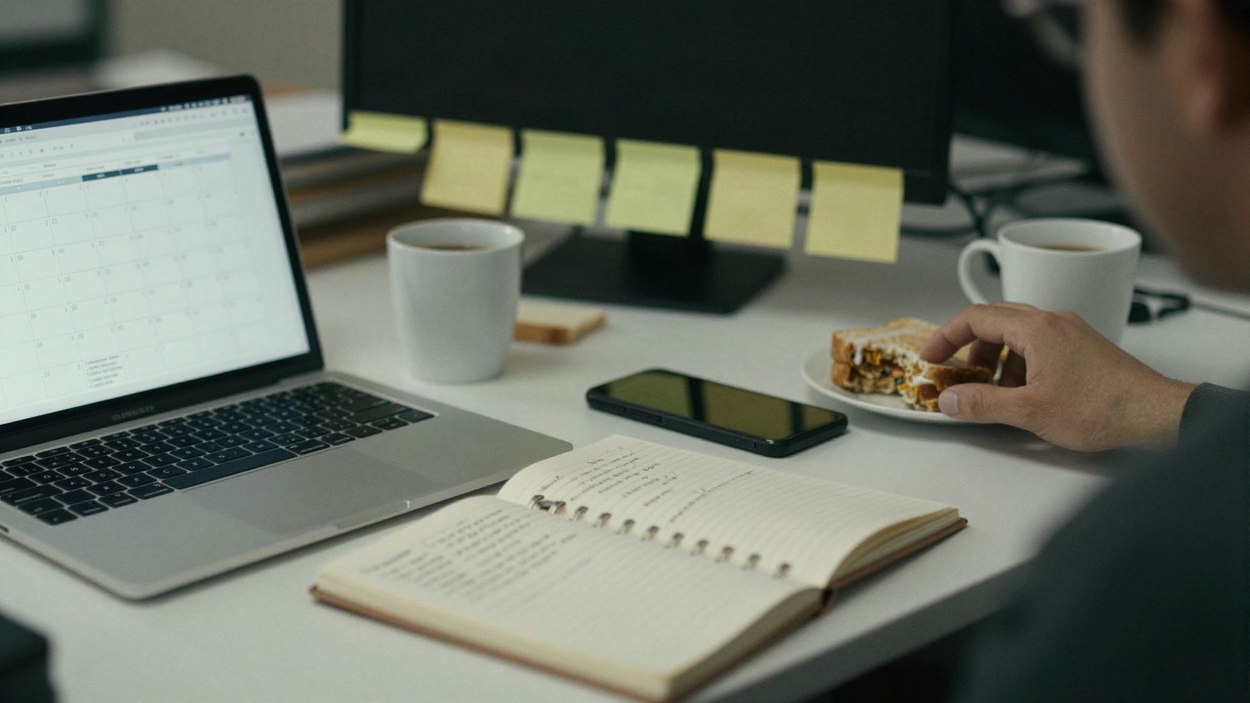 A manager's desk with a calendar on a laptop, sticky notes, a notebook, coffee cups and a half-eaten sandwich.