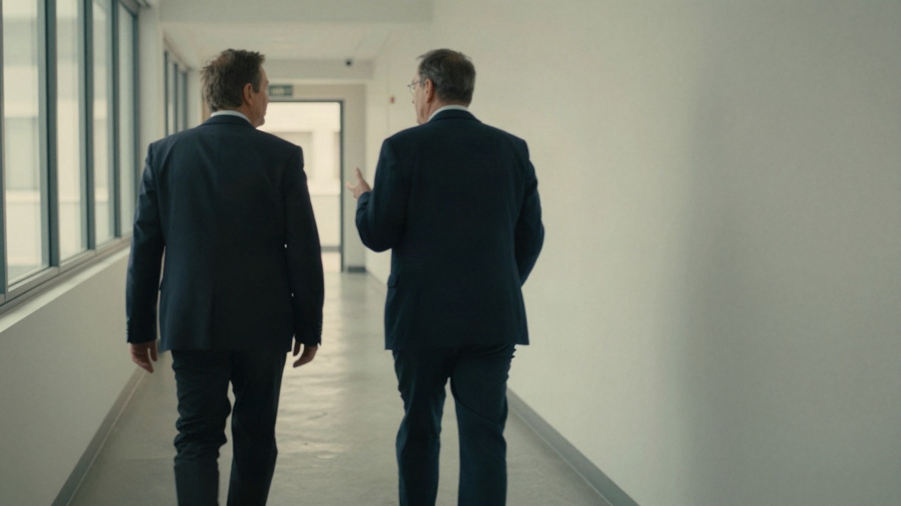 Two executives in suits walking down a bright office corridor, seen from behind.
